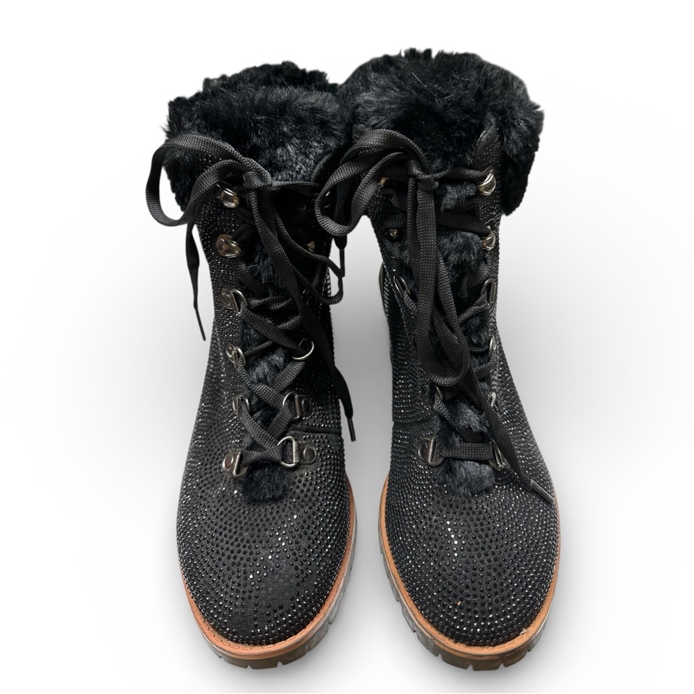 Nanette Lepore Black Beaded Faux Fur Ankle Boots Lace Up Chunky Heel Size 8M
